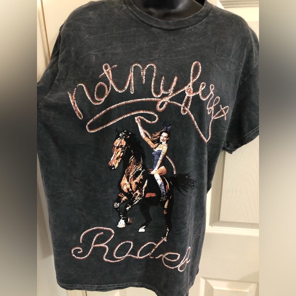 Playboy Not My First Rodeo rodeo centerfold on horseback black tshirt size M new